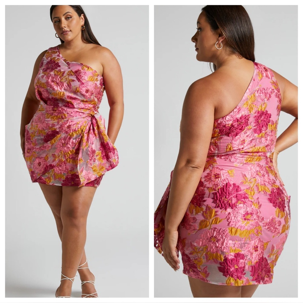 Showpo BRAILEY MINI DRESS One Shoulder Wrap Front Dress in Pink Jacquard